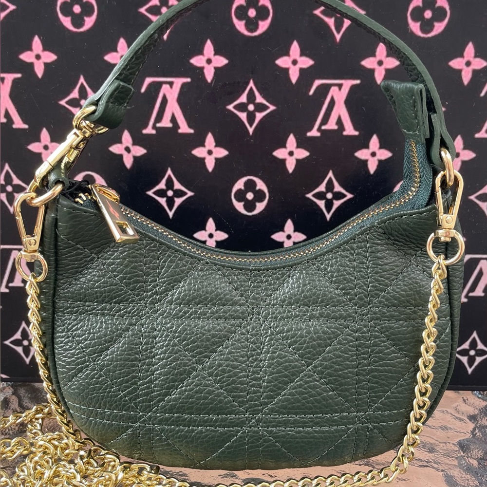 Mini Hunter Green Pebbled Leather Quilted Handbag / Crossbody - New